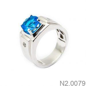 Nhẫn Nam Vàng Trắng 10k Đính Đá Sapphire Xanh - N2.0079